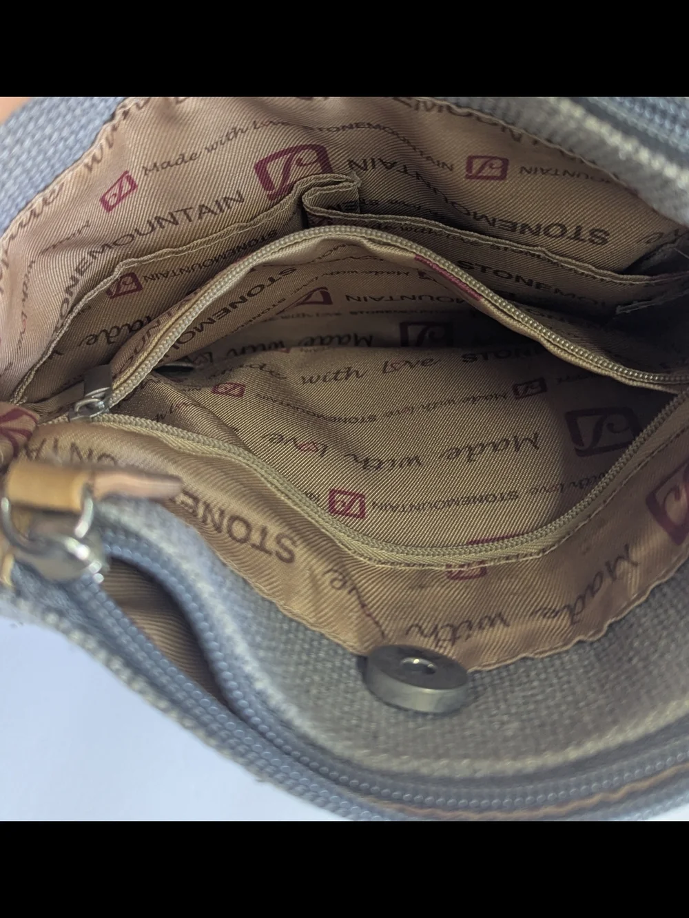 Stone Mountain Crossbody Bag Gray Canvas Tan Leather Trim Multi Pocket Adjustabl